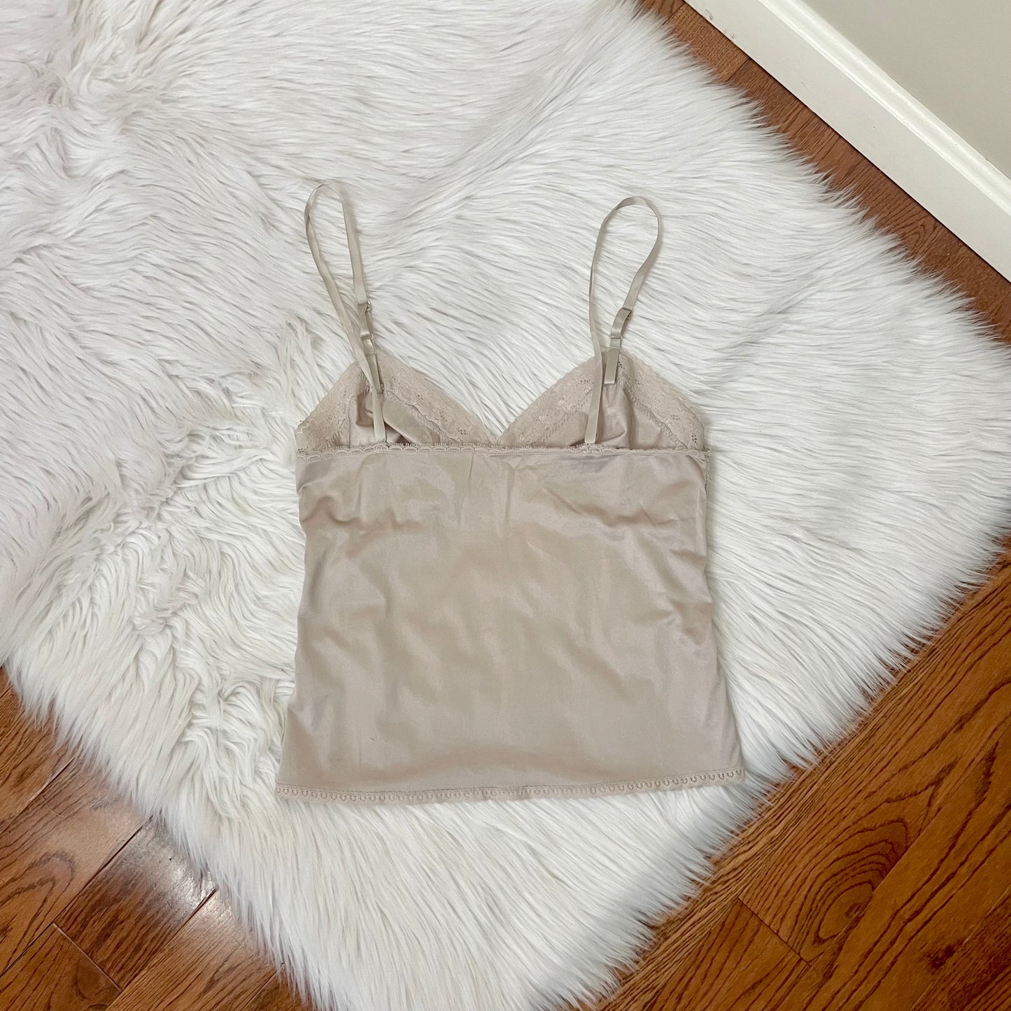 vanity fair cream satin babydoll cami with lace trim M
