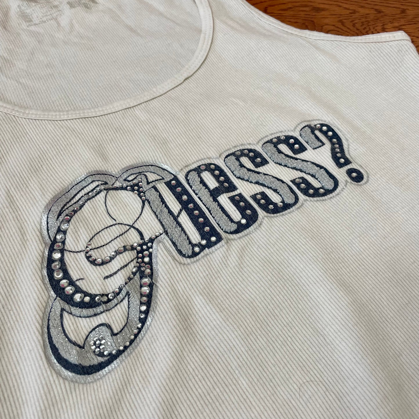 guess white rhinestone tank M