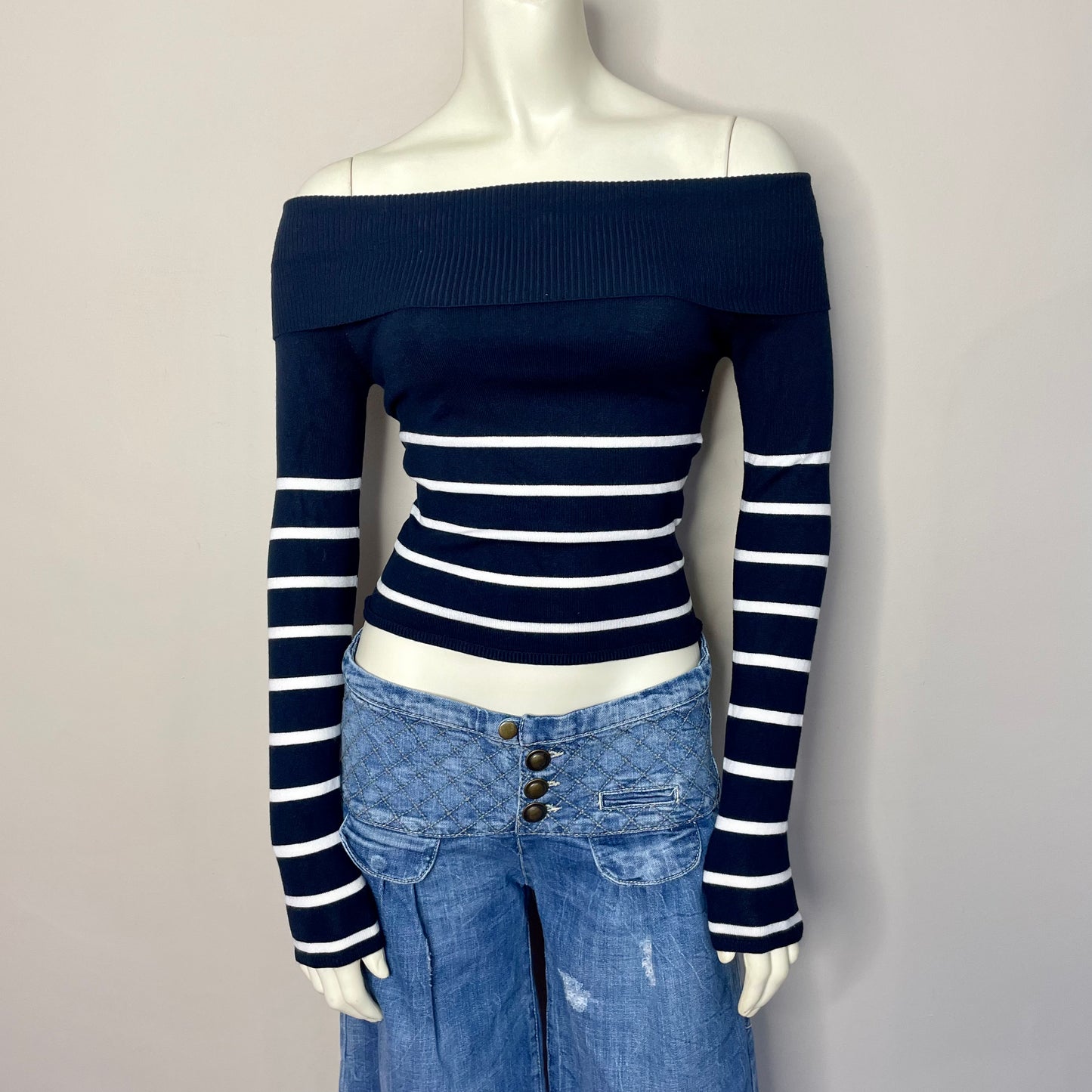 mango navy nautical stripe off shoulder sweater XS
