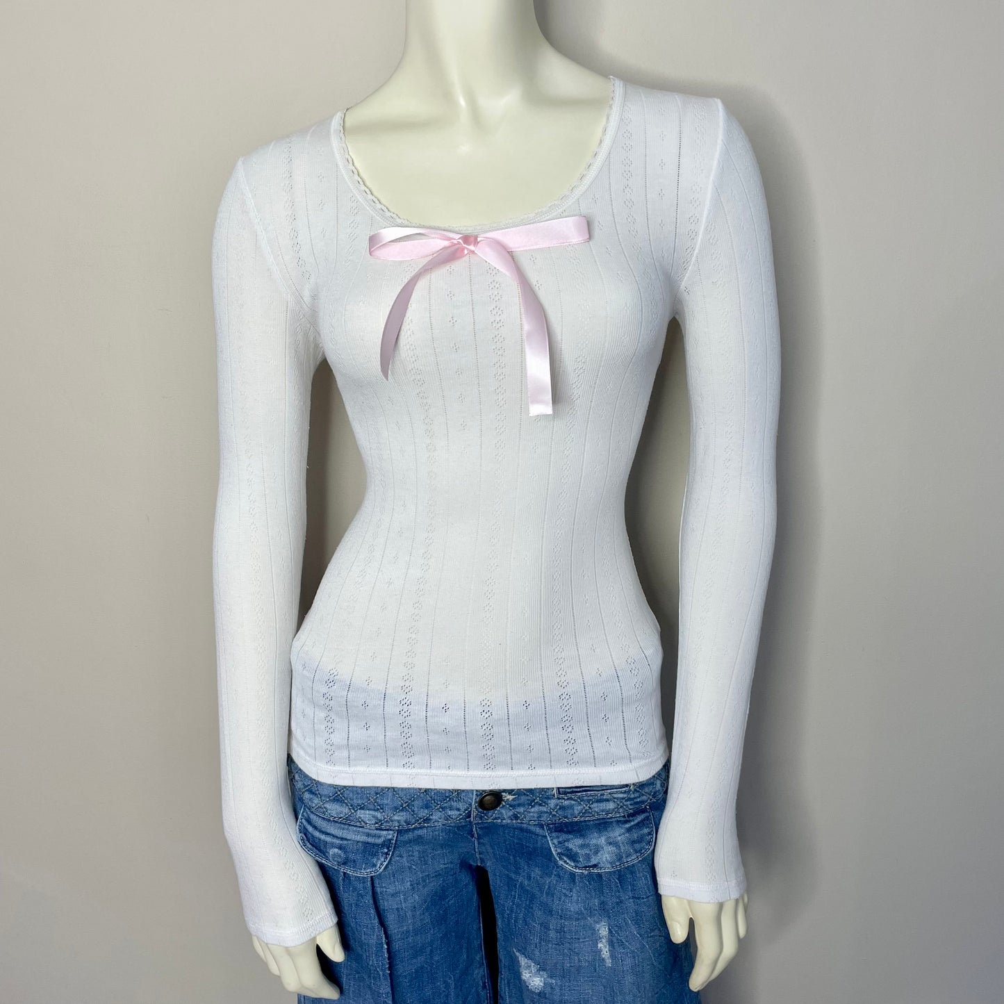 m&s white pointelle bow top S