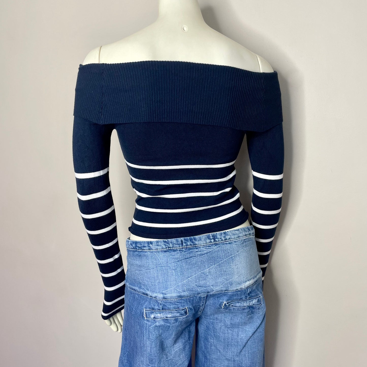 mango navy nautical stripe off shoulder sweater XS