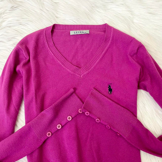 Y2K pink preppy v neck sweater