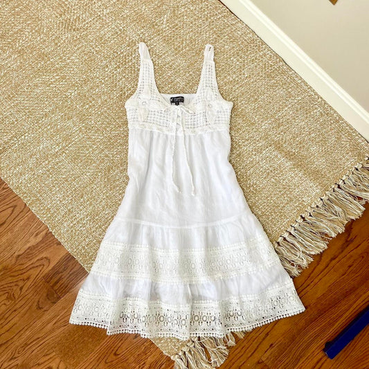 papillon white crochet overlay tiered summer dress