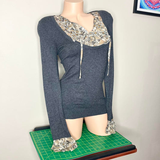 loft gray layered tie neck sweater