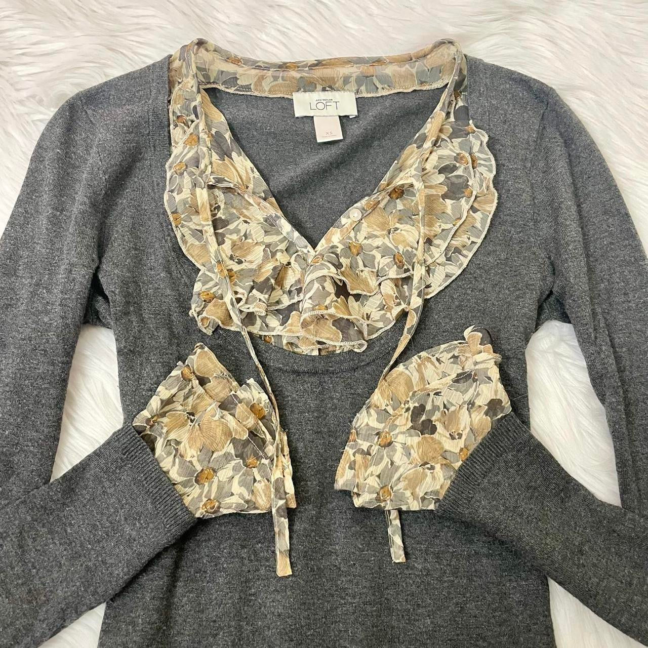 loft gray layered tie neck sweater