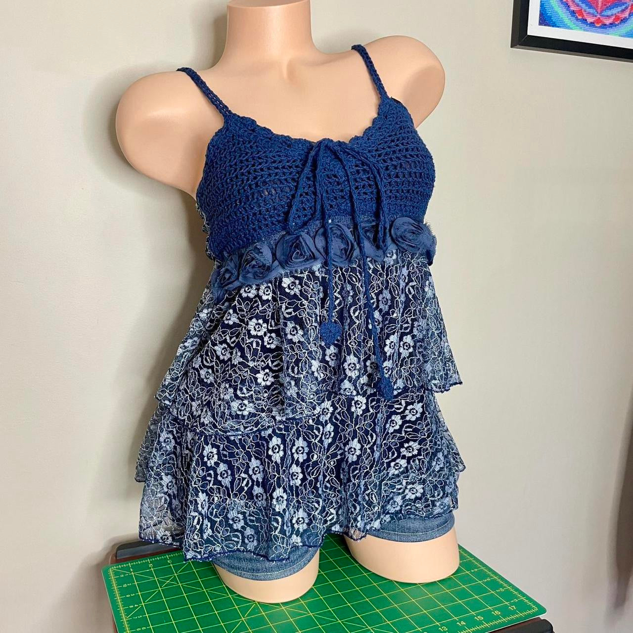 Y2K navy babydoll tiered tank top with flowers