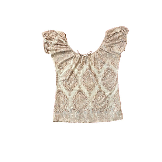 y2k vintage tan boho print blouse