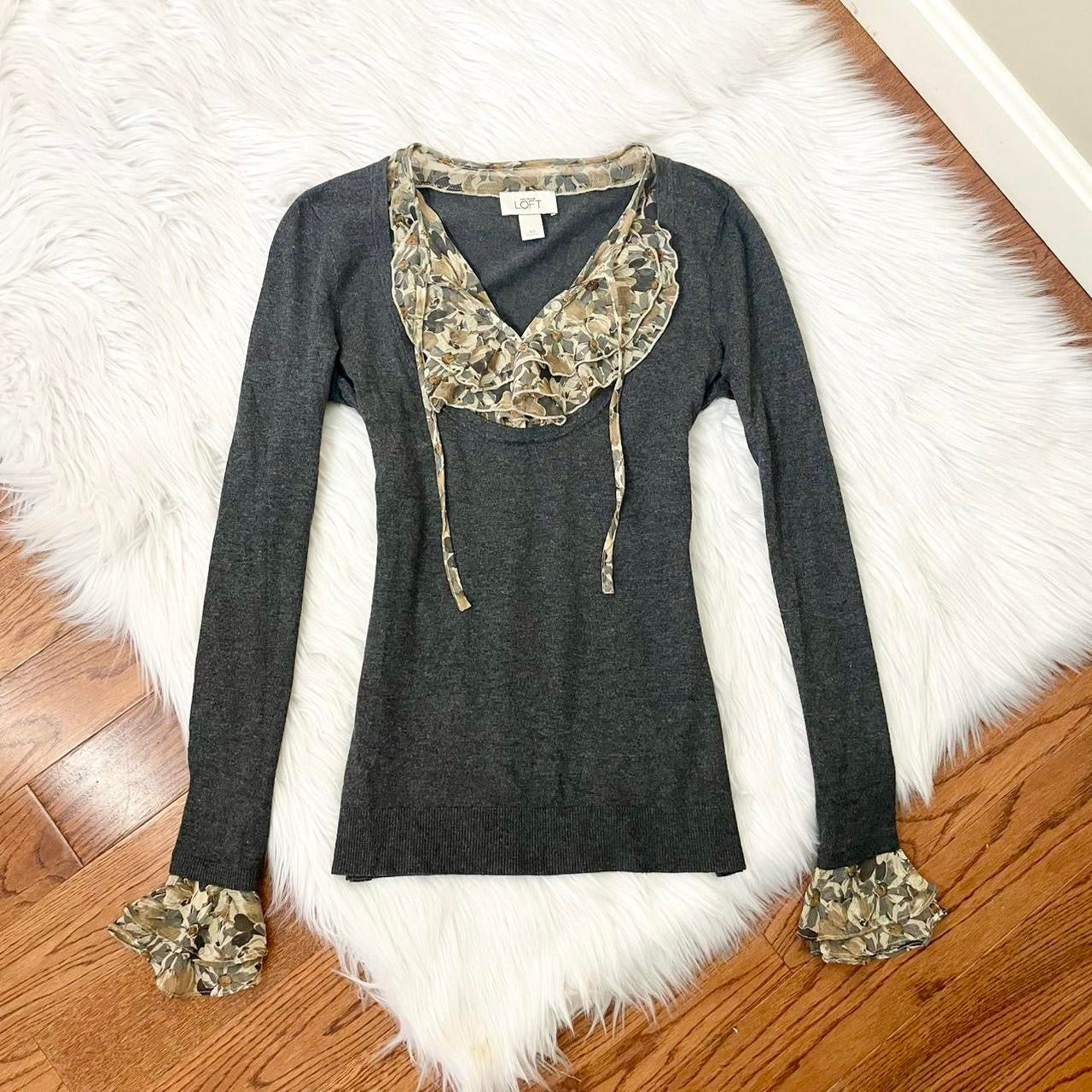 loft gray layered tie neck sweater