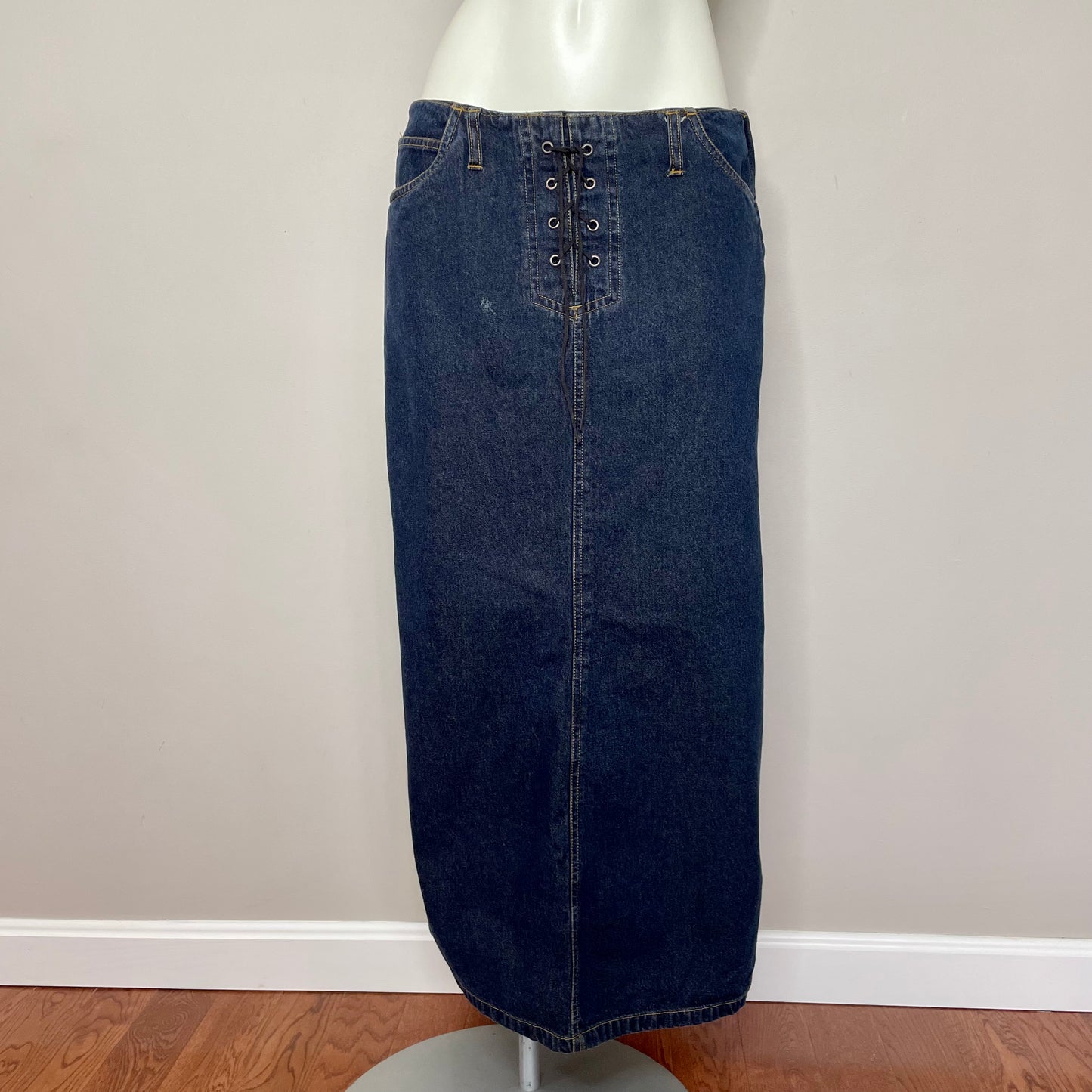 bill blass maxi lace up denim skirt