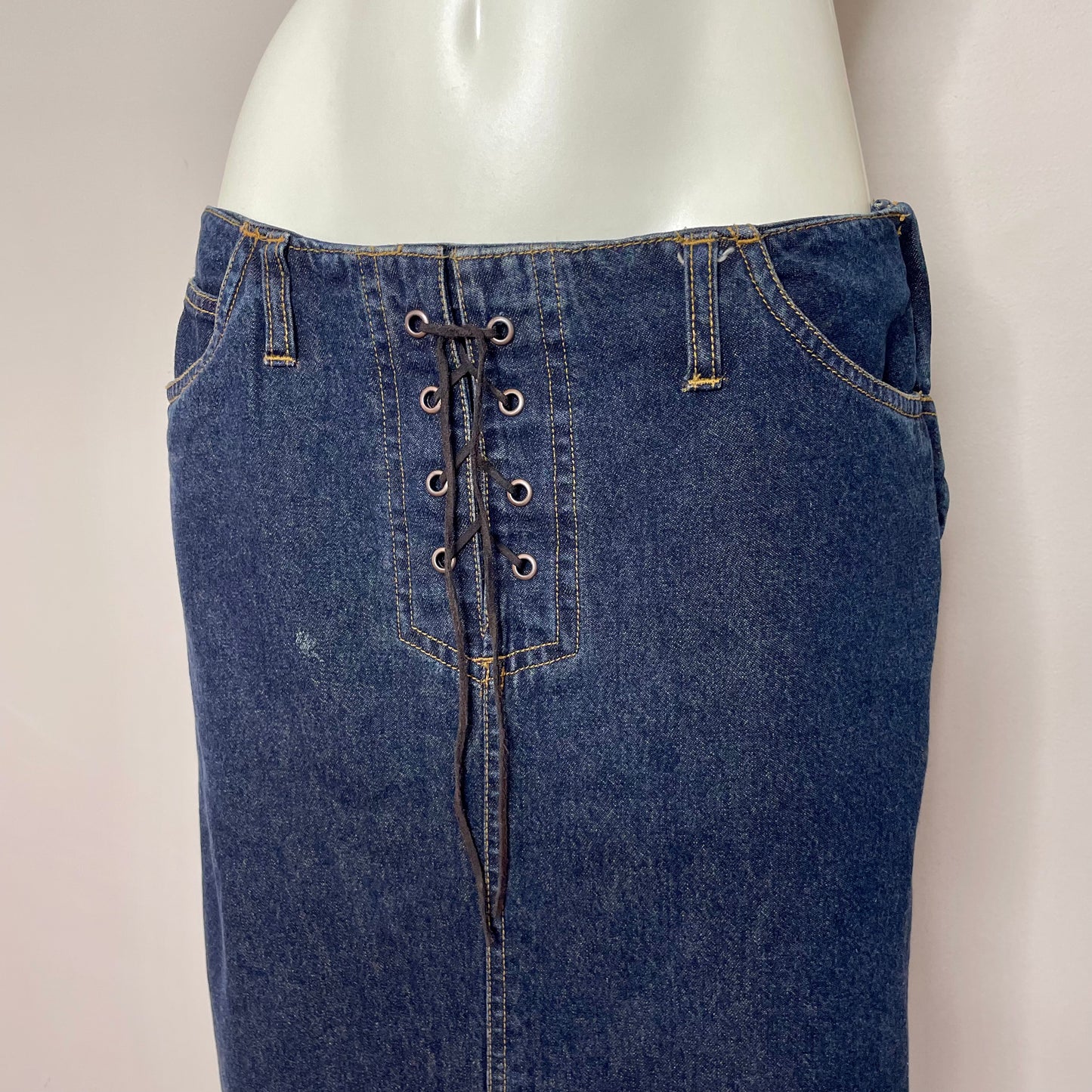 bill blass maxi lace up denim skirt