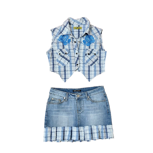 #NEWITEM y2k blue cowgirl plaid vest and mini skirt set S