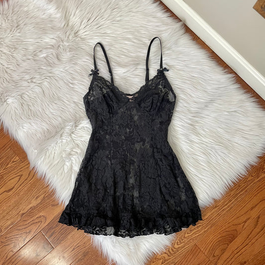 victoria’s secret black lace babydoll slip dress L