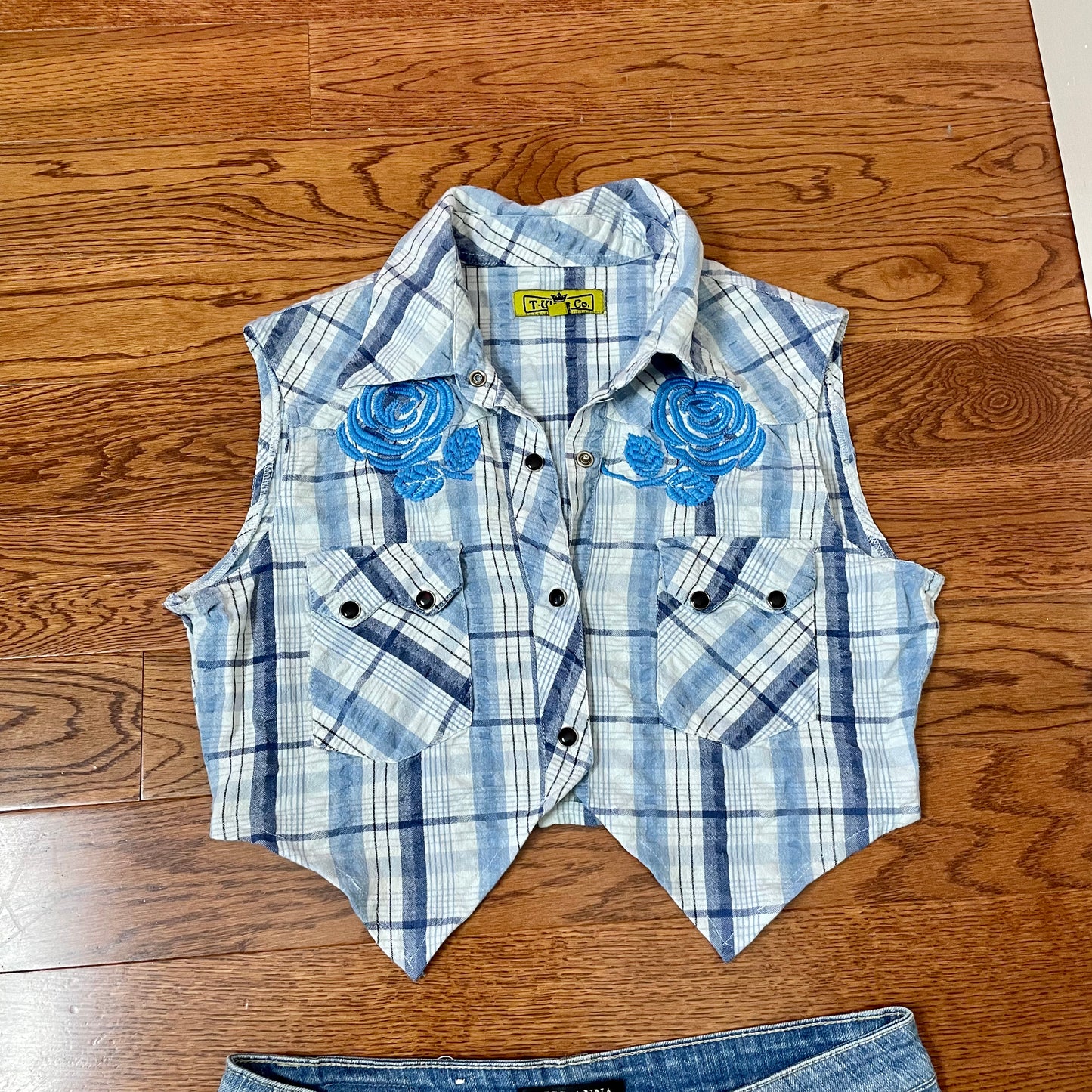 #NEWITEM y2k blue cowgirl plaid vest and mini skirt set S