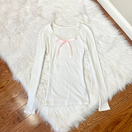 m&s white pointelle bow top S